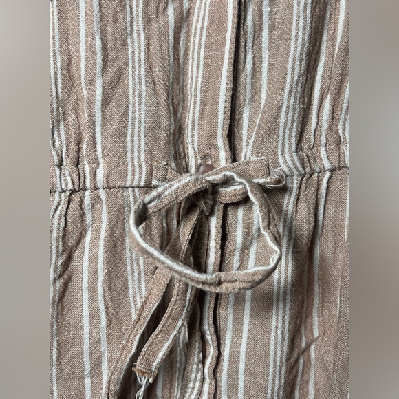 Linen Cotton Blend Taupe Cream Verticle Stripe Tie Shirt Dress Pockets M Resort - Picture 5 of 8